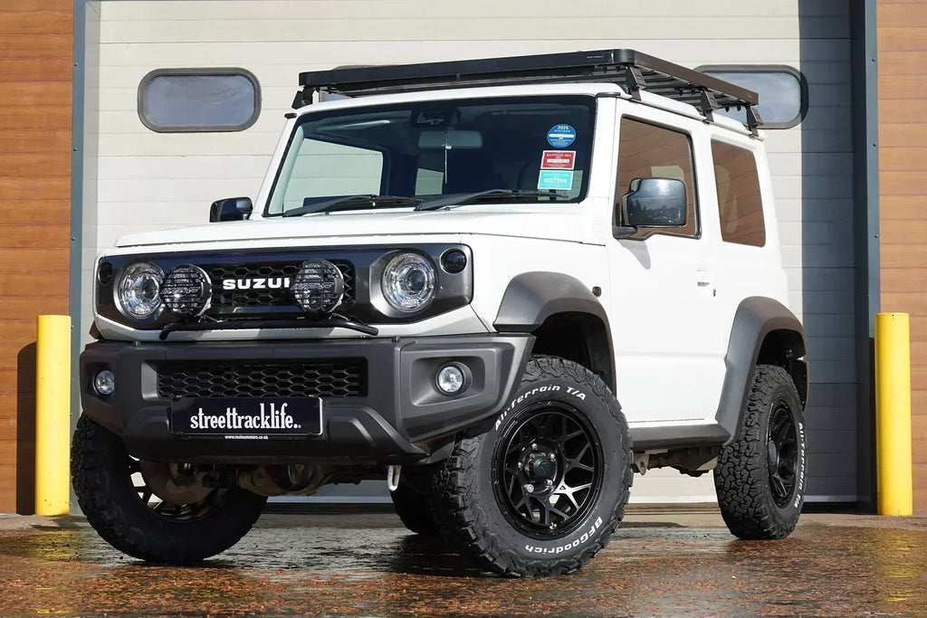 Suzuki Jimny (2018+) with Magpie M-01 wheels, BF Goodrich KO2 tyres, various JIMNYSTYLE and IPF lighting accessories along with Front Runner Slimline II Roof Rack and Ladder.